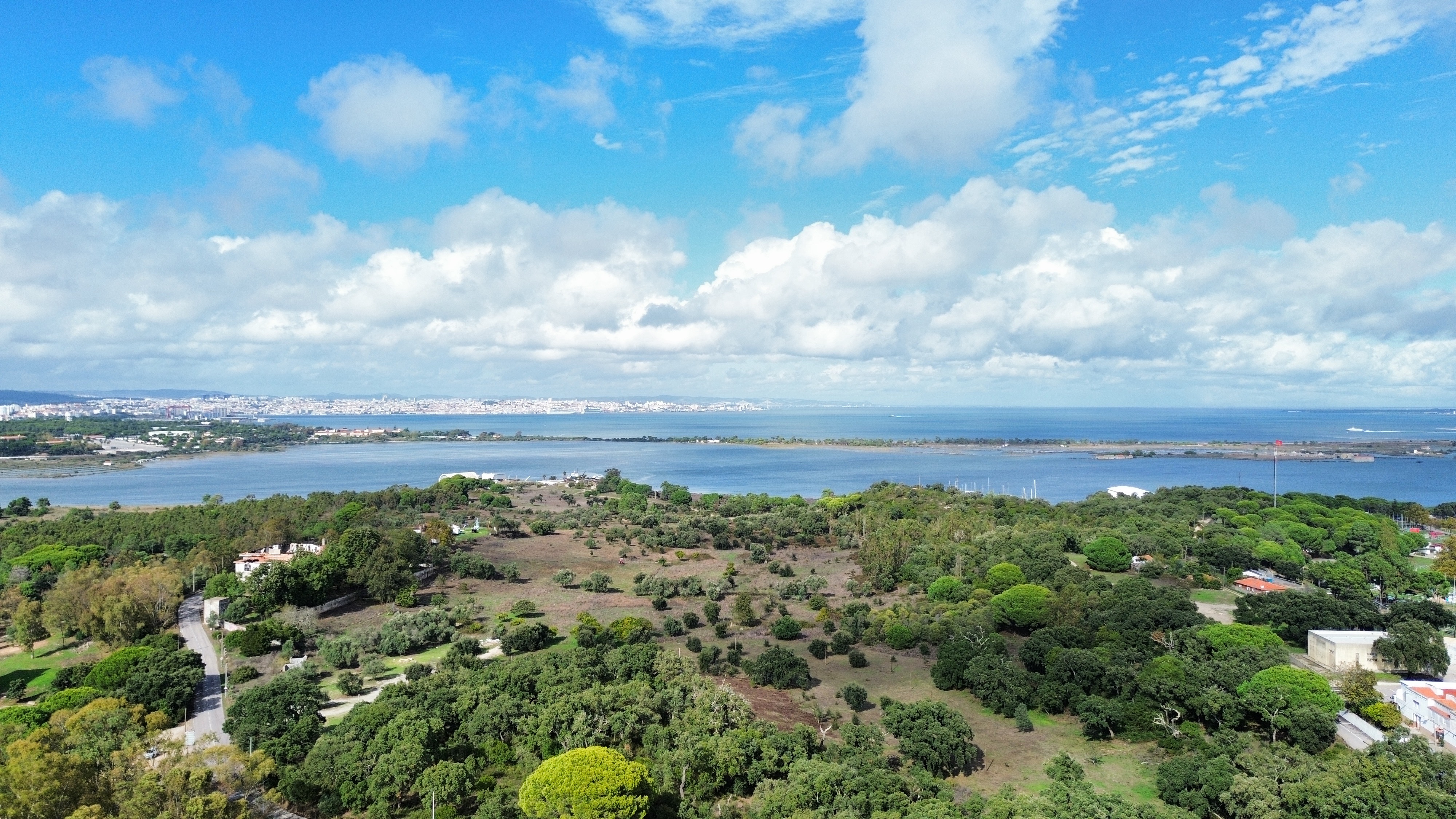 Panoramic view of Amora–Seixal riverfront with greenery and water